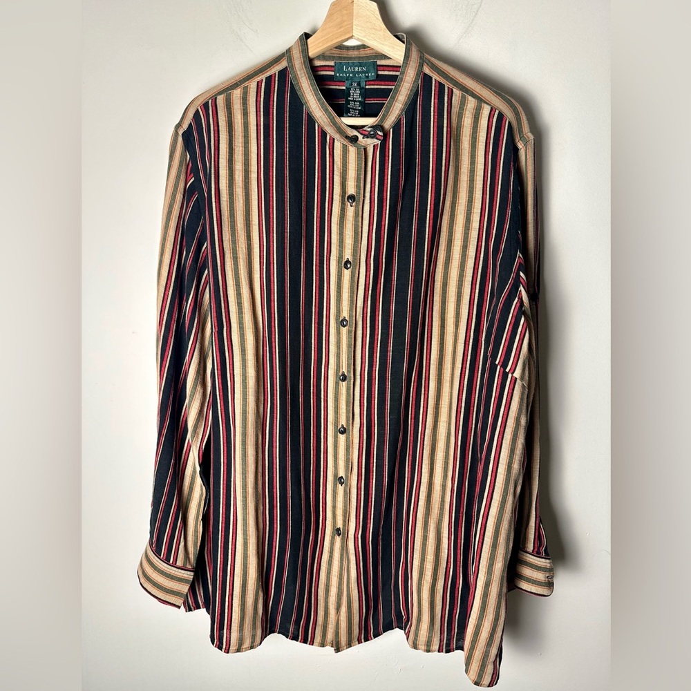 LAUREN RALPH LAUREN Women’s Silk Linen Plus Size 3X Stripe Button Down Blouse